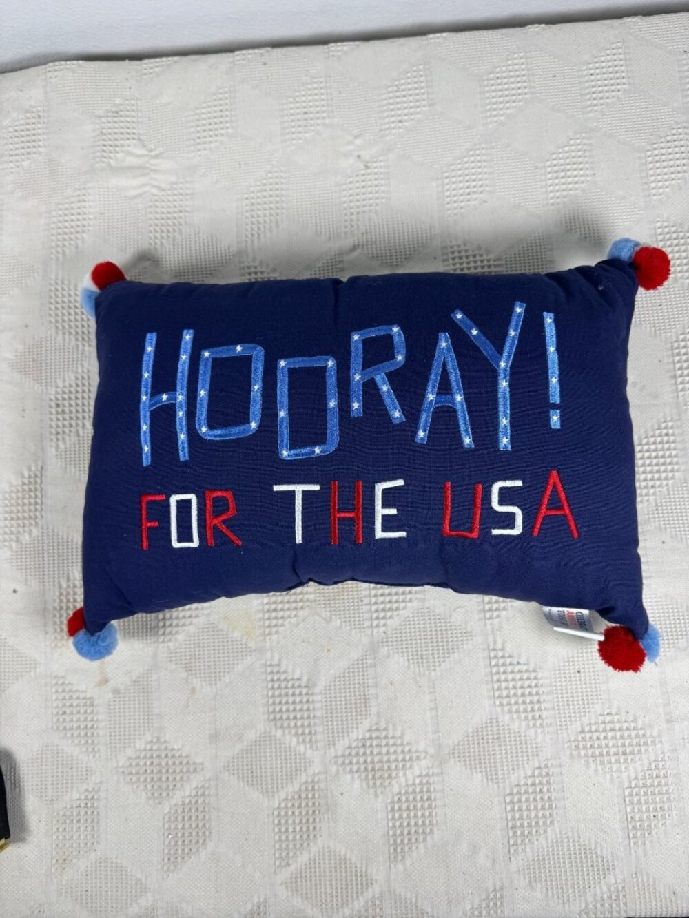 Hooray For The USA Decorative Pillow w Patriotic Pom Pom Tassels Americana